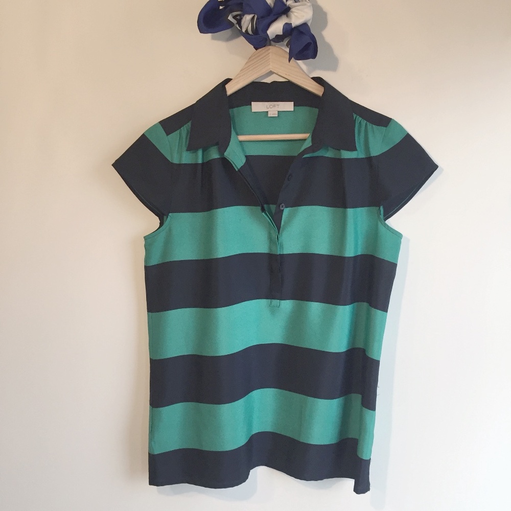 LOFT Womens Navy-Green Striped Short Sleeve Top, S